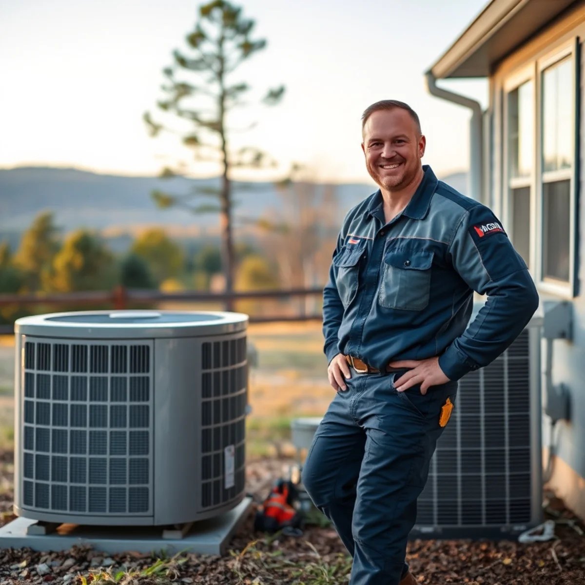 HVAC technician servicing a central air conditioner outside a Glenwood, Arkansas home